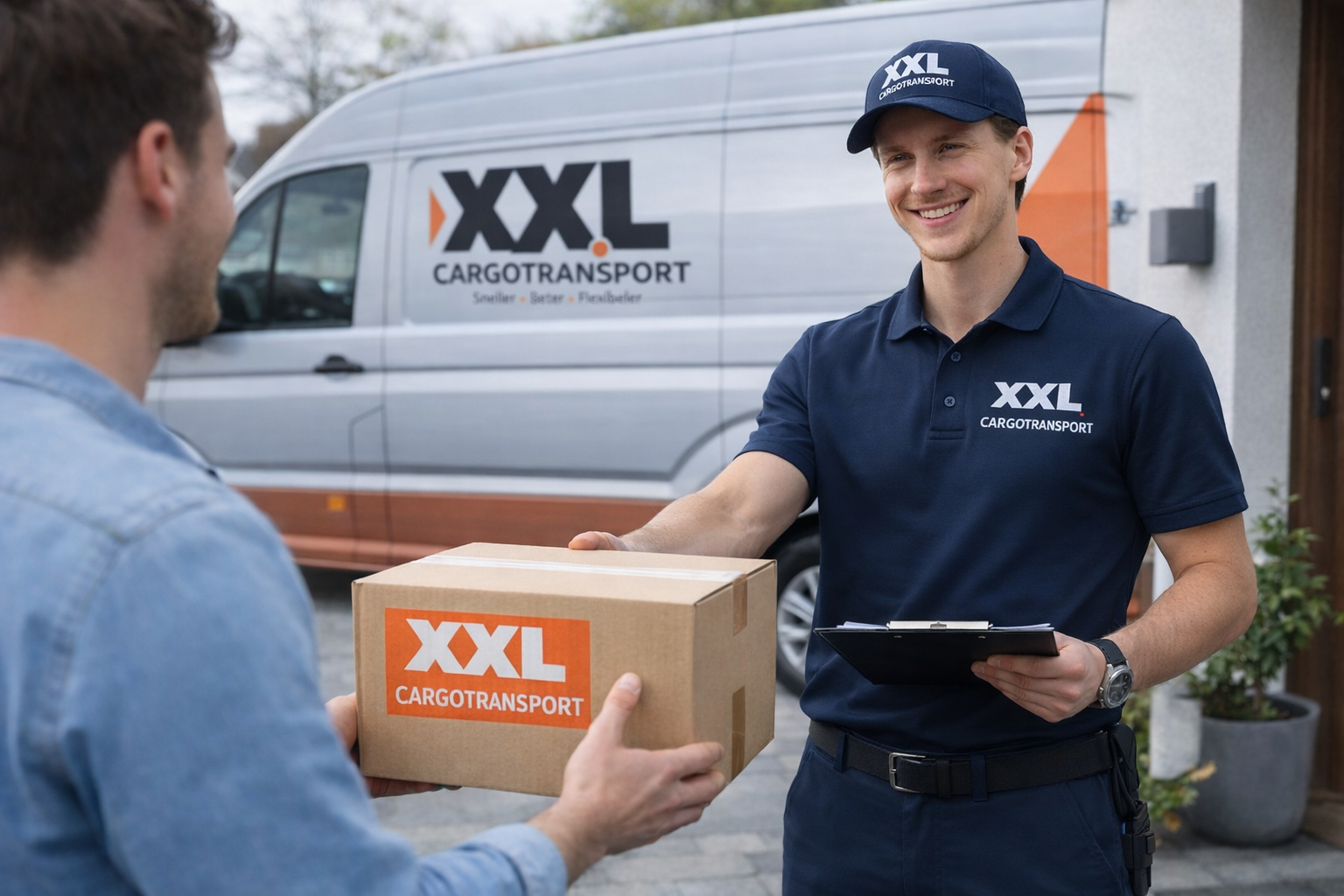 XXL CargoTransport chauffeur overhandigt pakket aan klant – persoonlijke bezorging grote goederen